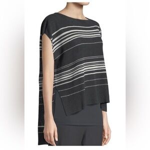 Eileen Fisher Fine Linen Crepe Knit Poncho Top Graphite/Bone Sz M High Low Hem